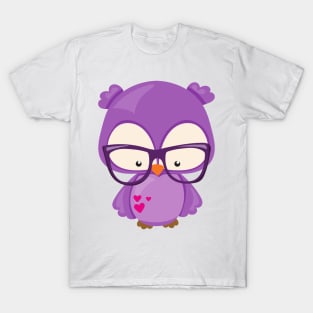 Valentine's Day Owl, Purple Owl, Glasses, Hearts T-Shirt